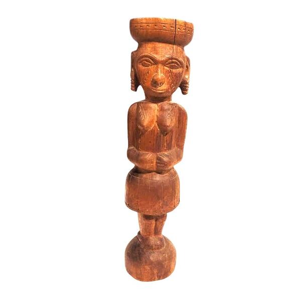 VINTAGE Papua New Guinea Massim Wood Tribal Carving Female Statue 12" Totem